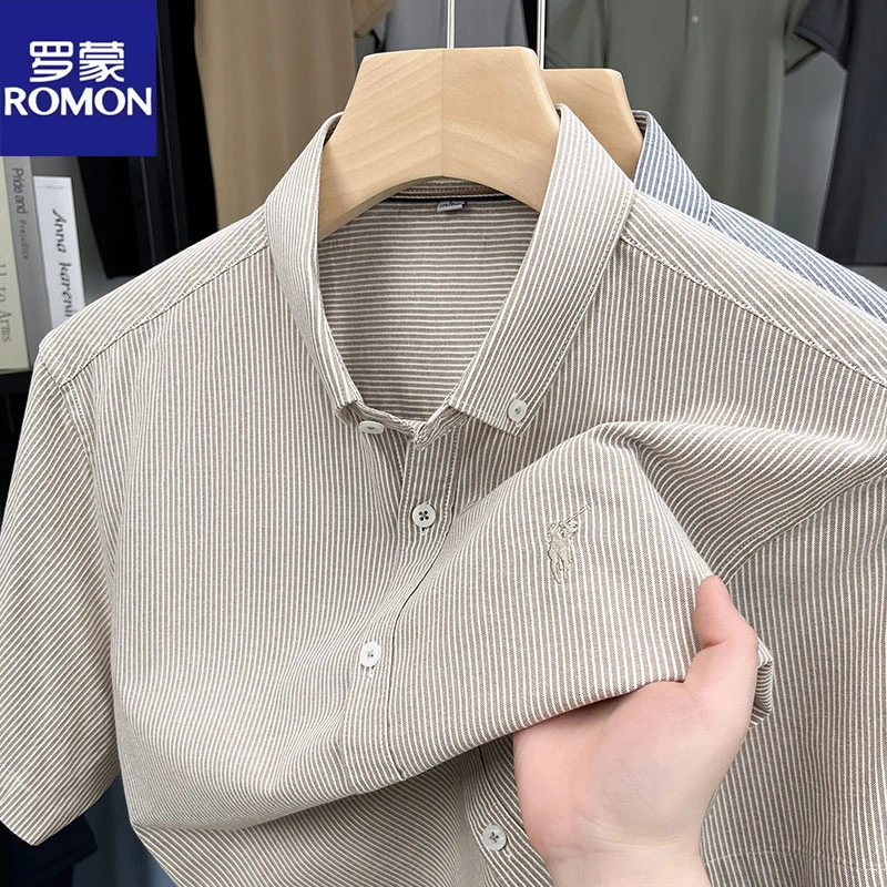 罗蒙2025刺绣条纹短袖衬衫男夏季新款商务休闲衬衣男装上衣纯棉