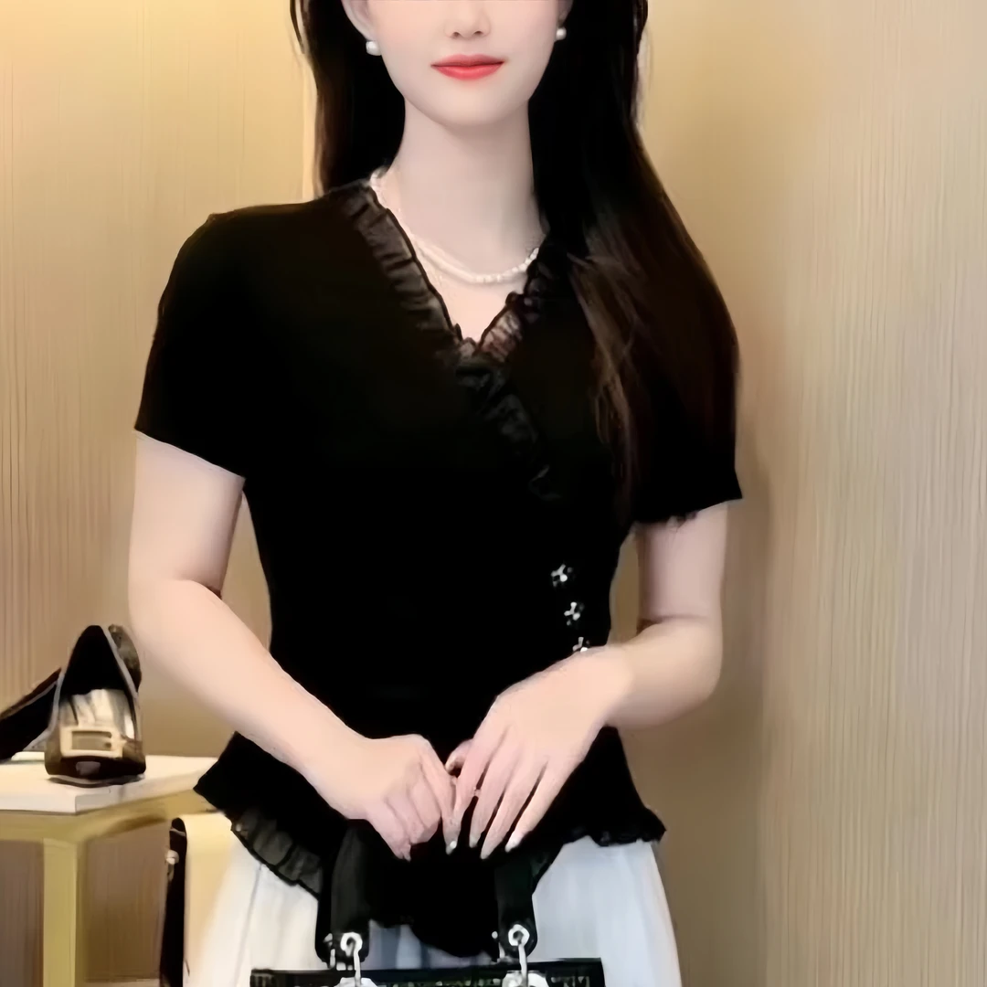 短袖T恤2025夏季气质V领交叉百搭洋气纽扣小衫新款荷叶边女上衣女