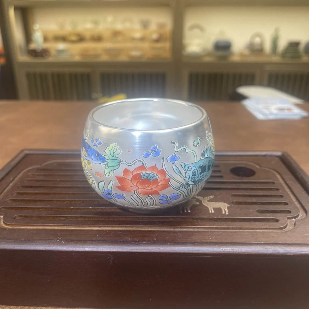 鱼藻纹鱼戏荷莲银杯主人杯A0993