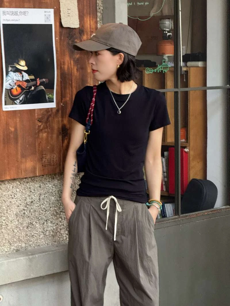 浪清/女装推荐 奥步莉简约休闲双色T恤160154#