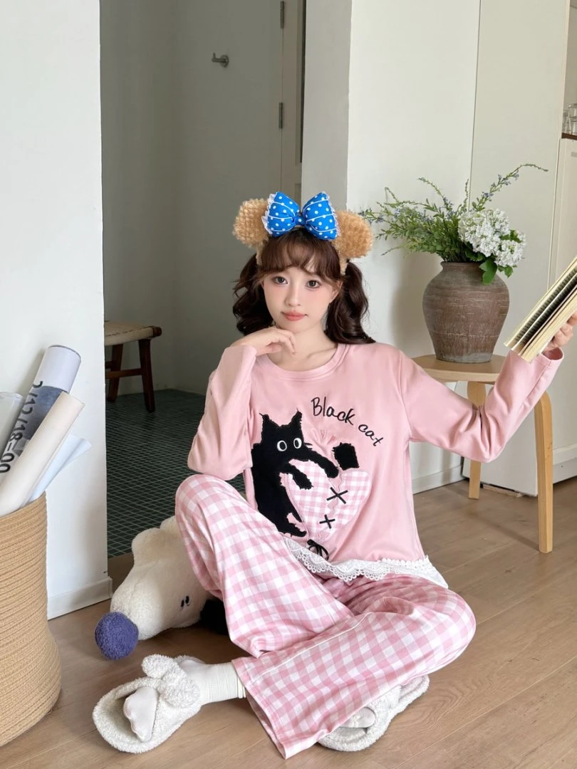 休闲宽松舒适减龄格纹套头家居服