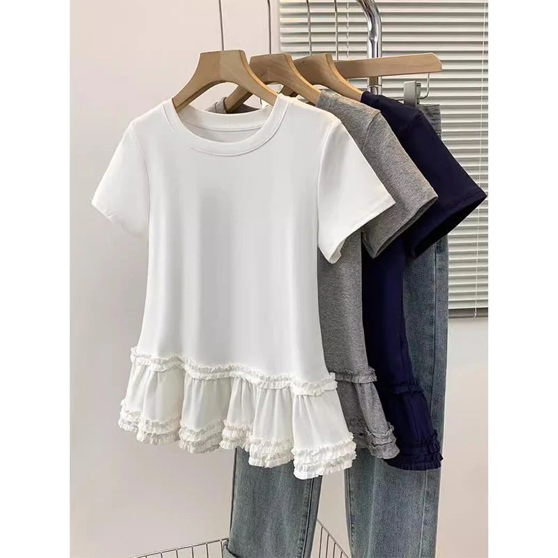 甜美荷叶边下摆拼接短袖夏季新款小个子休闲百搭设计感洋气上衣女