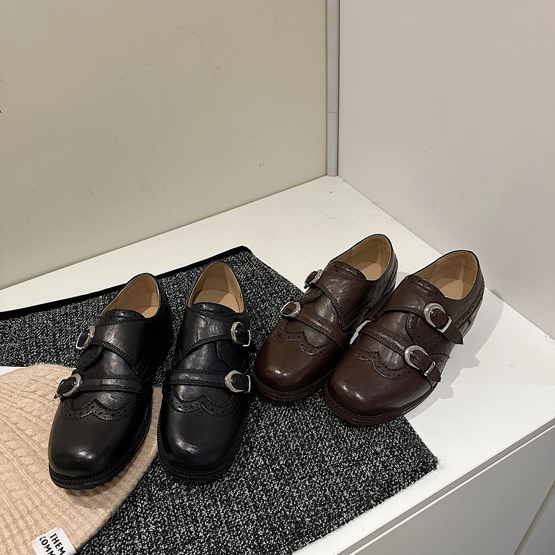 TS单鞋2025春季新款复古百搭浅口英伦风双扣带透气小皮鞋女