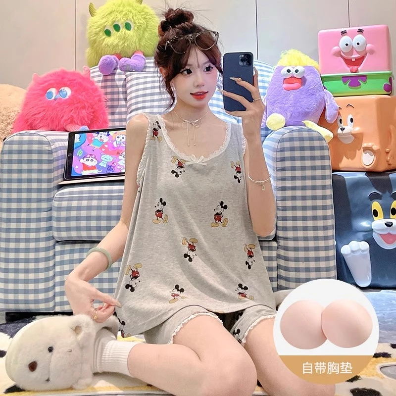 带胸垫睡衣女夏季薄款背心可爱少女感2025新款无袖家居服套装老鼠