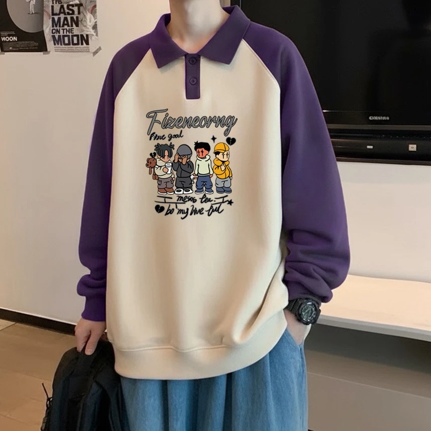 潮牌美式polo衫卫衣男装秋冬高街套头宽松大码长袖学生青少年上衣