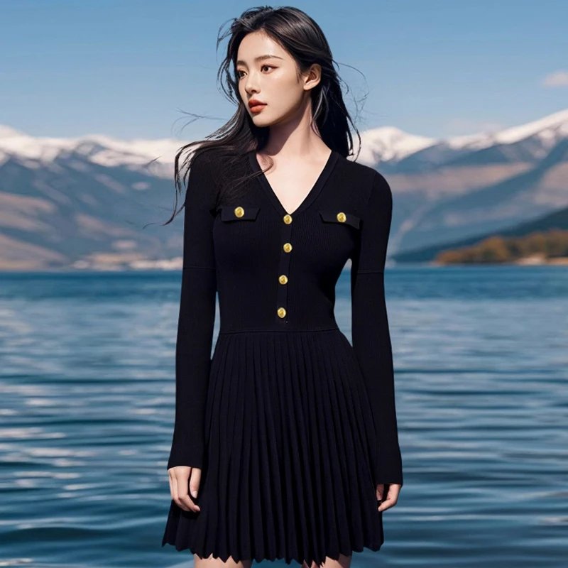 v领连衣裙子女款爆款2025新款高级感遮肚子藏肉显瘦A字小黑裙9605