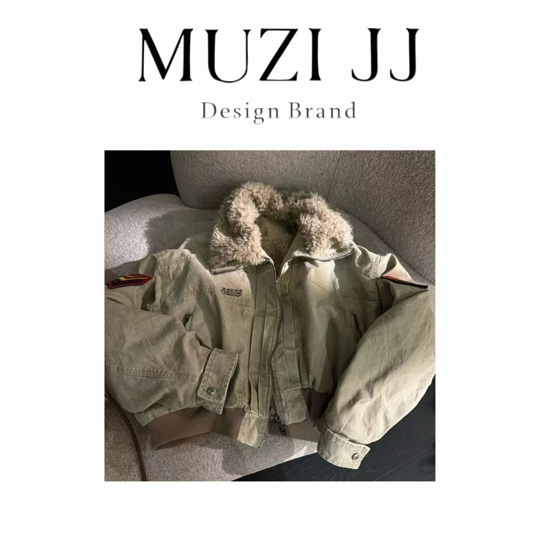 MUZI-25635#美式复古做旧翻领宽松休闲飞行夹克女外套