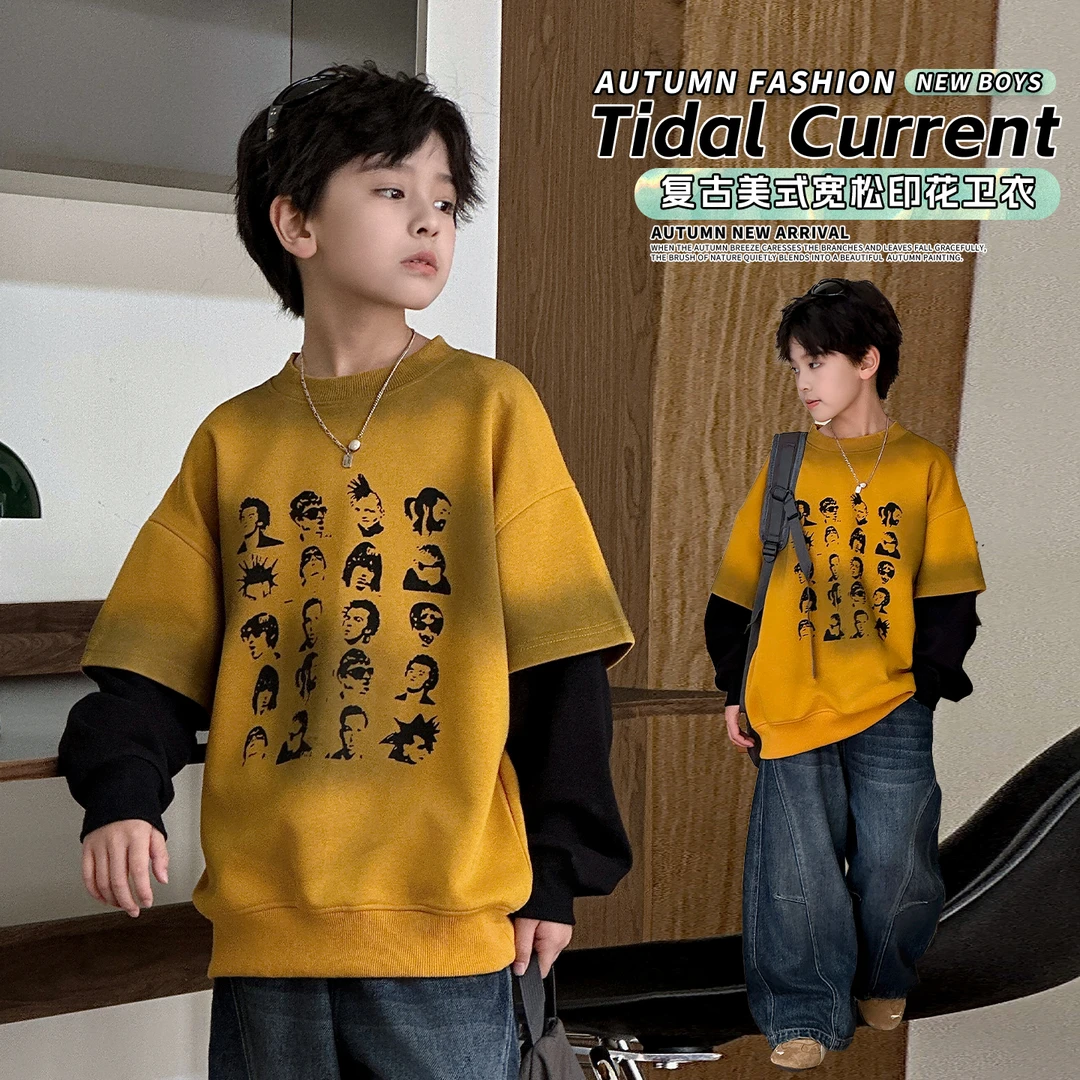男童美式价两件卫衣休闲风男孩男女通用印花长袖宽松T恤男童潮 酷