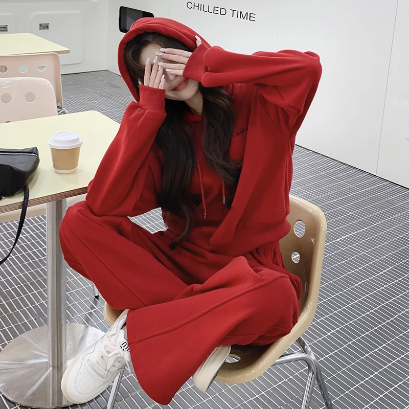 新年红色加绒卫衣套装女2025秋冬新款宽松休闲运动加厚打底两件套