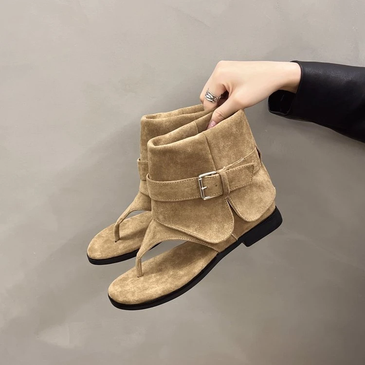 粗跟卡其色夹趾凉靴短靴女靴子2025新款夏季配裙子西部靴夏天凉鞋