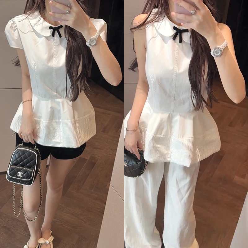 【mimius】Umiu系气质甜美收腰翻领蝴蝶结短袖+无袖上衣 G05084