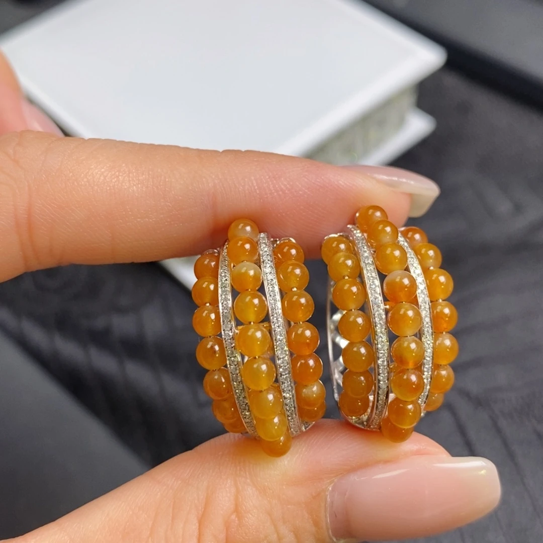 翡翠18K金镶嵌耳饰蜜糖黄翡小米珠