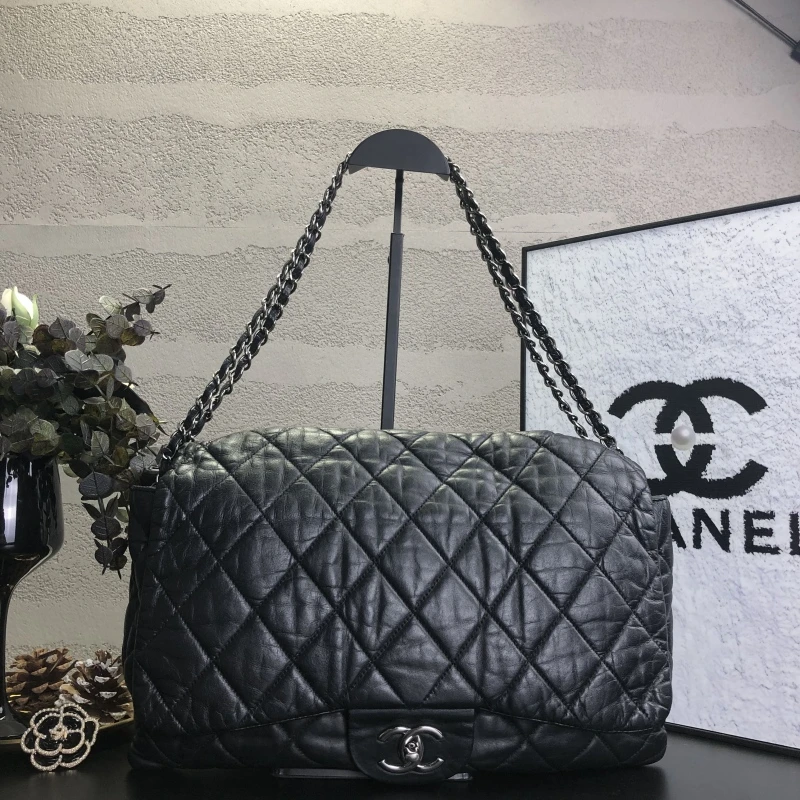 95新 Chanel/香奈儿 CF黑银泡芙风机场链条单肩包 底长35 13开