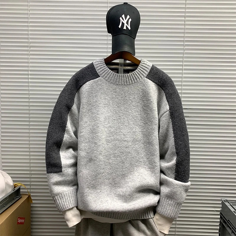 圆领套头撞色毛衣外套男秋冬新款保暖舒适打底休闲重磅百搭针织衫