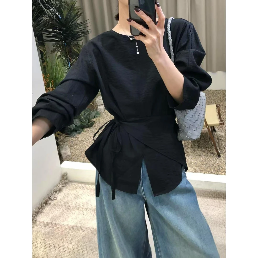 南希～法式设计感不规则绑带长袖衬衫2025秋时尚气质收腰显瘦上衣