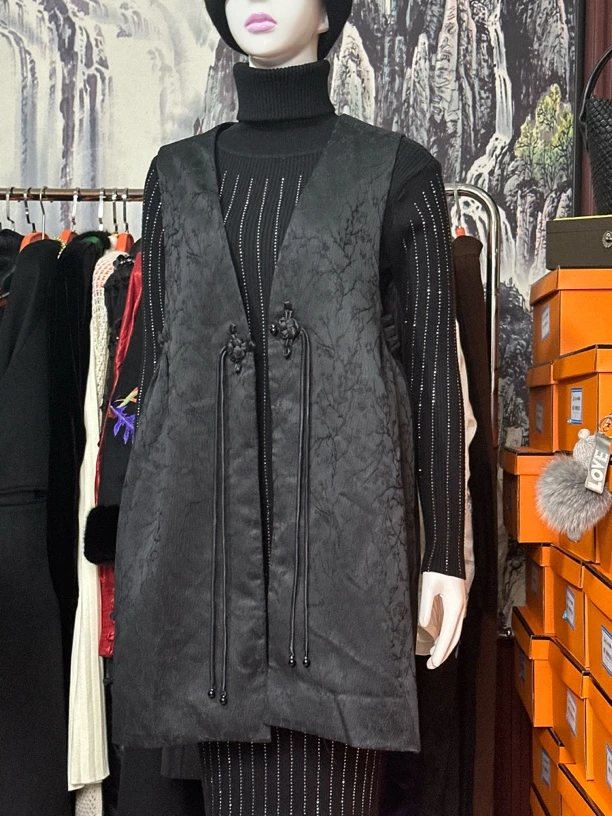 复古女装提花中长款时尚单排扣女女士修身马夹拼接针织春秋