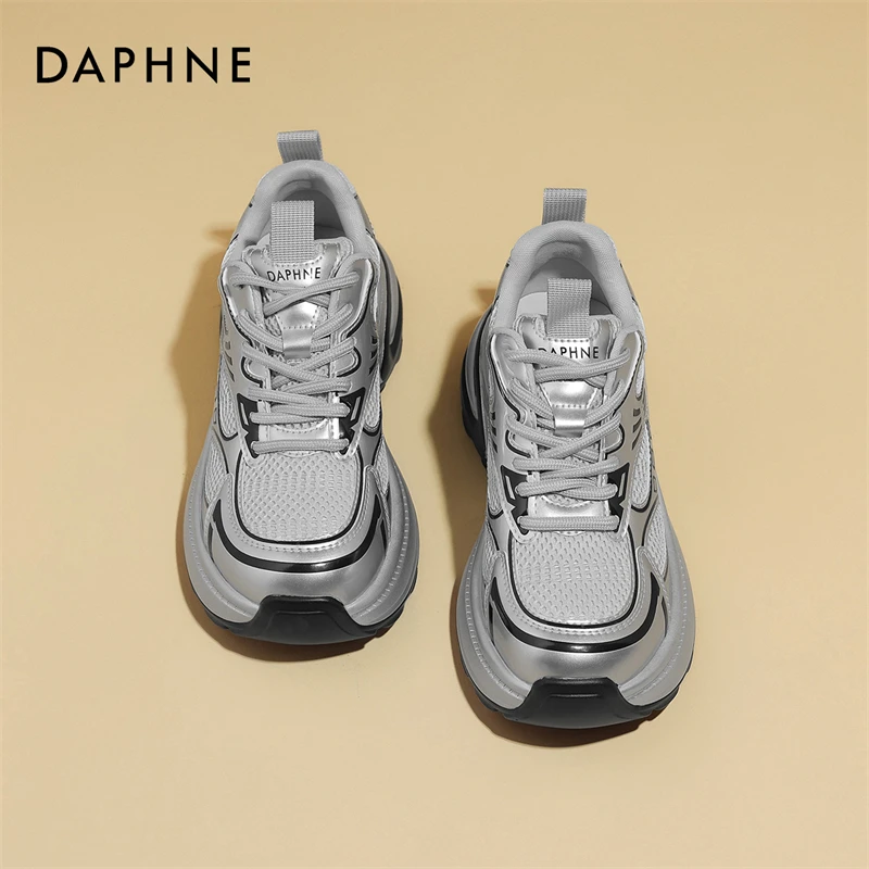 达芙妮新款增高银灰色老爹鞋女款2025春秋显脚小运动透气休闲鞋子