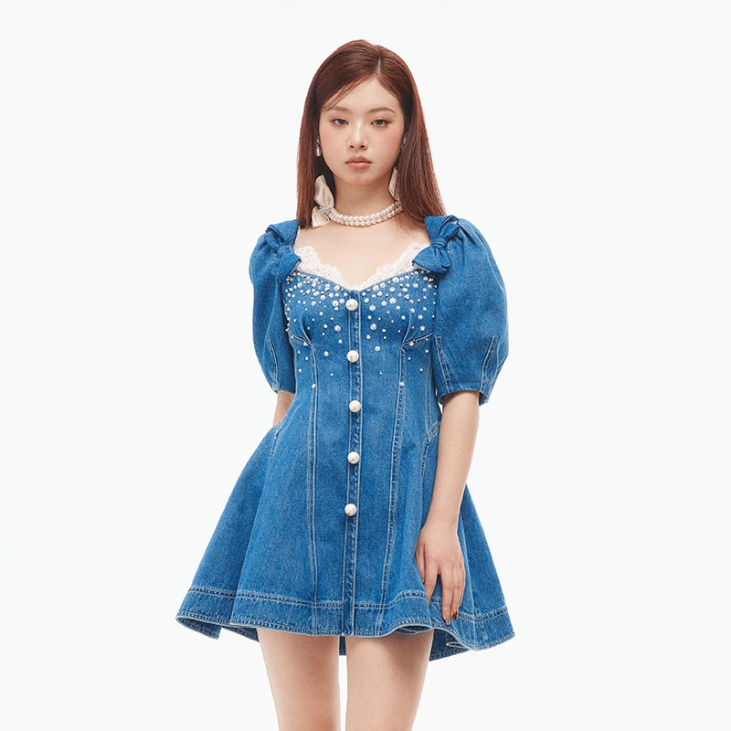 LE FAME/拉飞姆2025夏季新品时尚钉珠显瘦牛仔连衣裙女