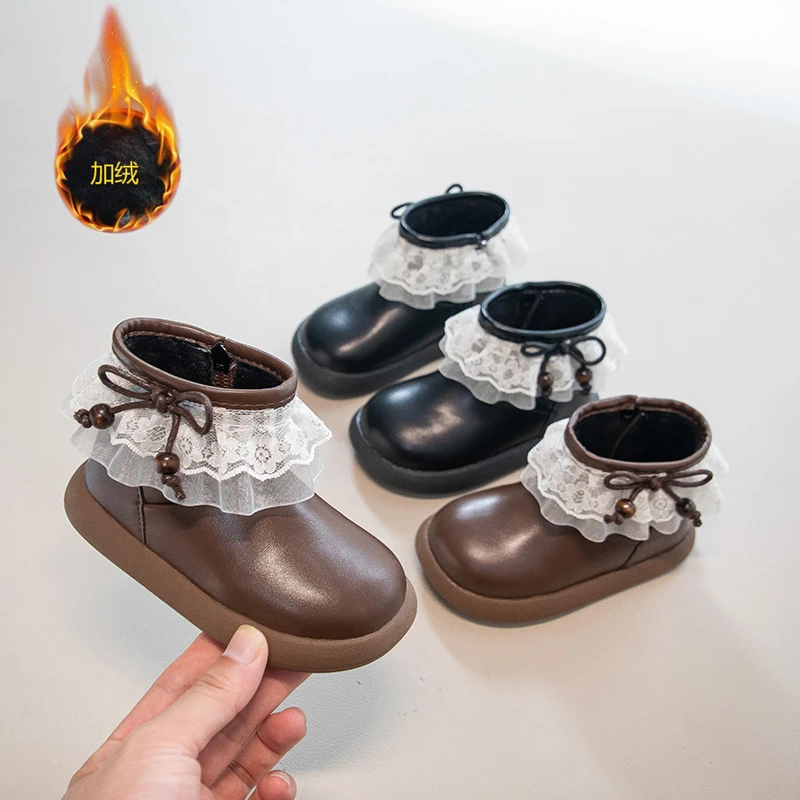 儿童短靴2025秋冬季新款小童靴女童马丁靴蕾丝边皮鞋厚底宝宝鞋子
