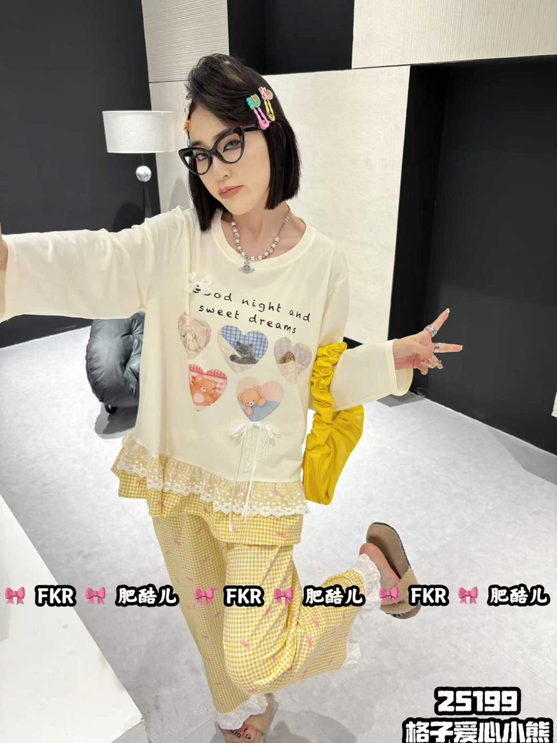 【格子爱心小熊】休闲长袖睡衣心形甜美秋季家居服套装长裤25199