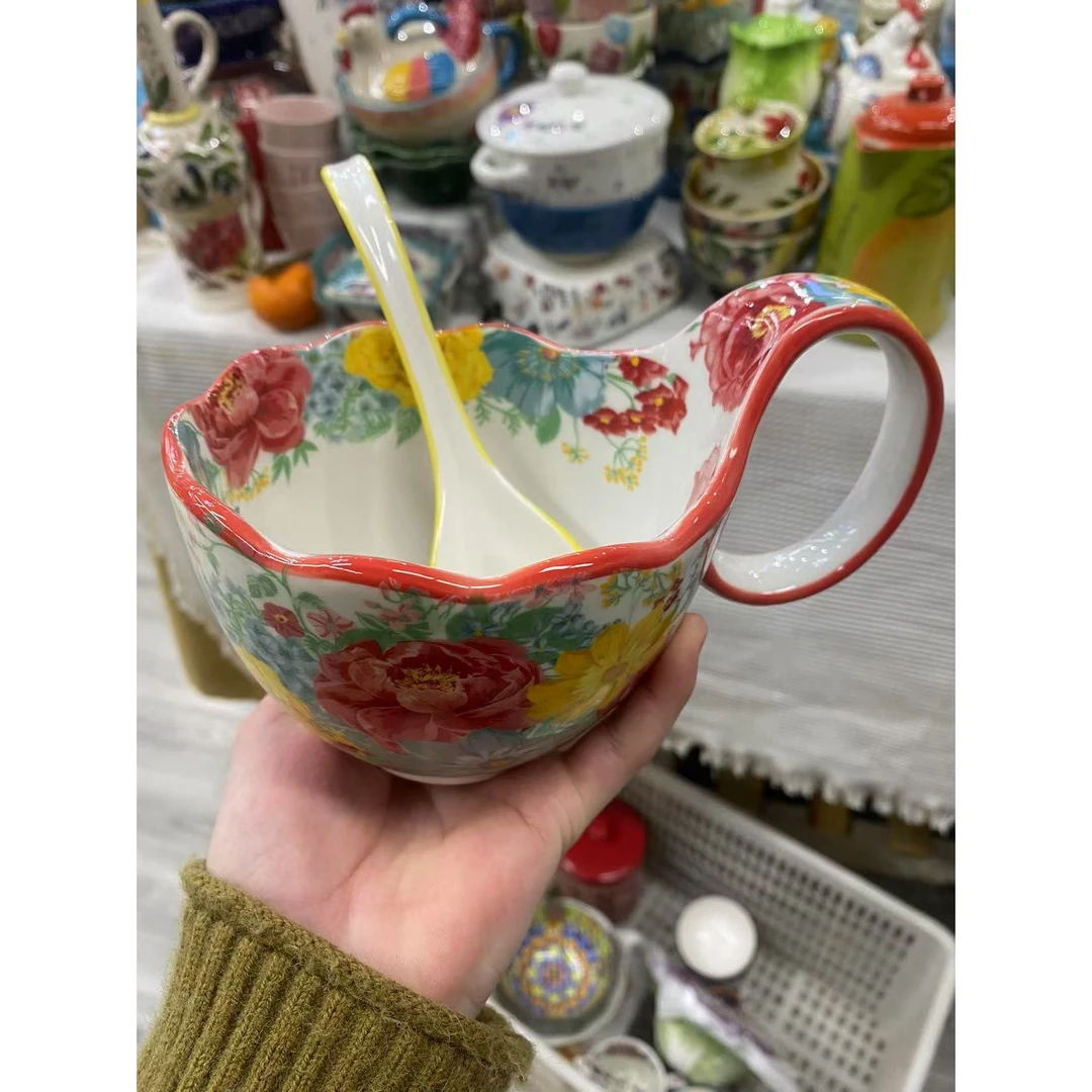 【精选】外贸陶瓷美式花团锦簇曲把杯加勺