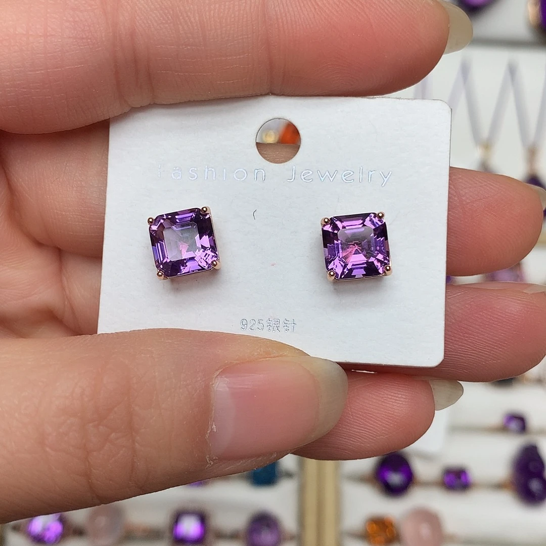 紫晶耳饰银S925镶嵌L 方糖