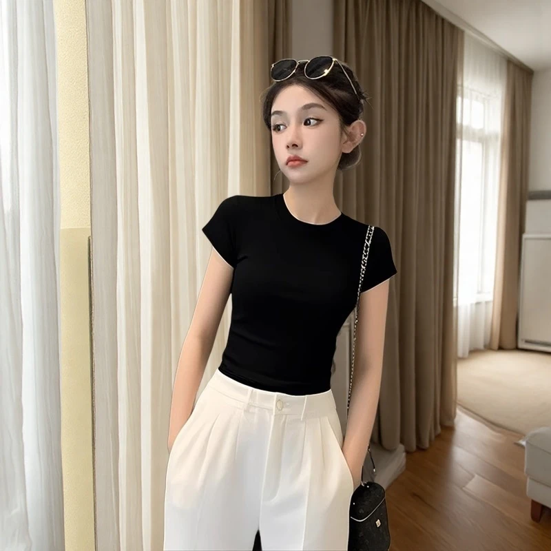 VOCKOO新款设计感圆领黑色半袖恤时尚修身减龄小众气质百搭高端潮