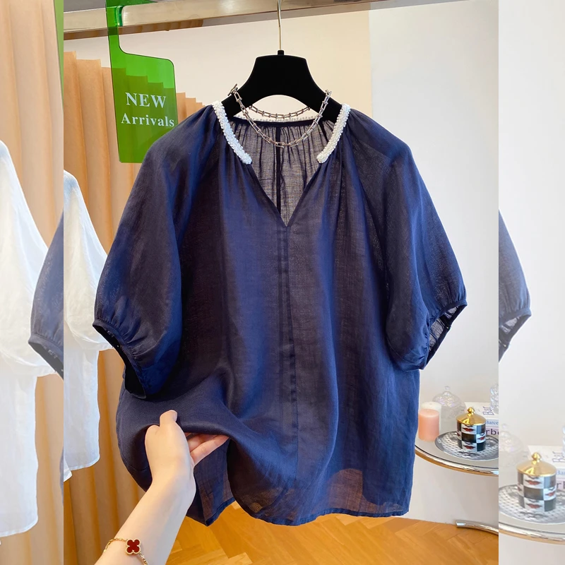 个性重工花瓣领灯笼袖大码衬衫夏季新款小香风气质宽松薄款女士潮