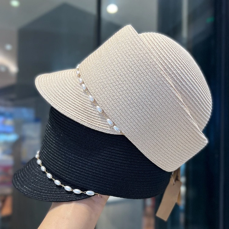 法式复古珍珠百搭马术帽女春夏季细草编短檐鸭舌帽子时尚帽子女款