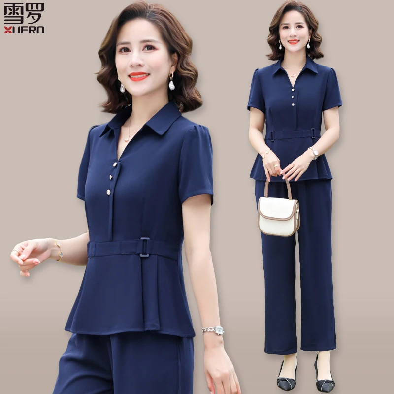 中年妈妈夏装套装收腰显瘦短袖雪纺上衣2024新款两件套洋气40岁50