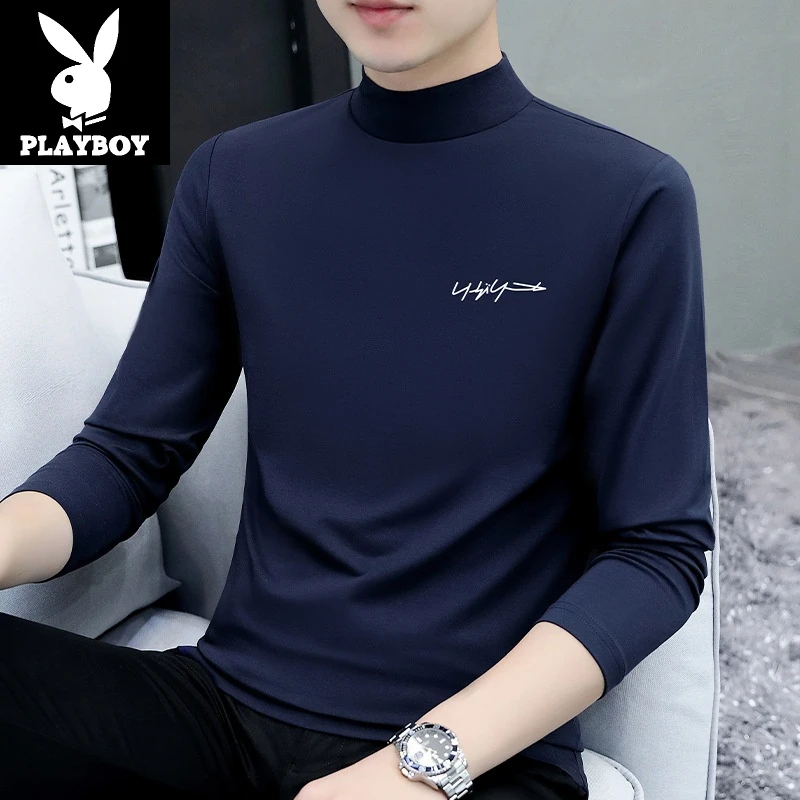 花花公子半高领长袖T恤男士秋季95棉修身打底衫中领男装上衣秋衣