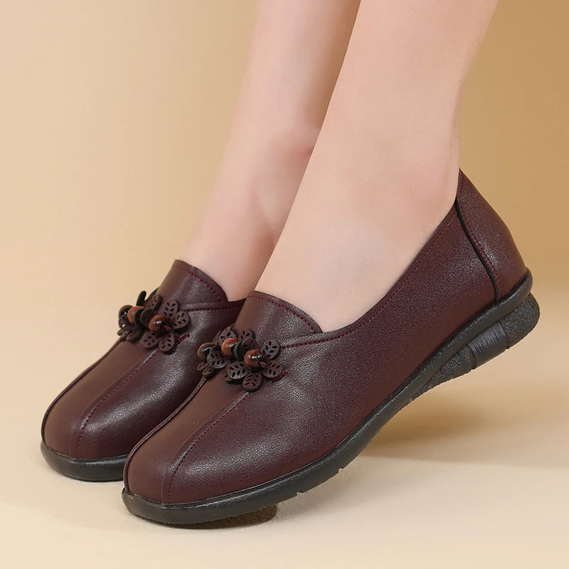 单鞋女头层牛皮春秋新品乐福鞋软皮软底中老年妈妈鞋舒适皮鞋