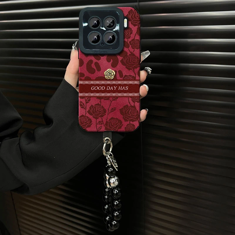 适用【小米15pro】豹纹玫瑰ins风秋冬酒红翻毛皮网红创意手机壳女款