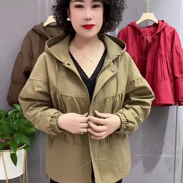 中年妈妈短款风衣女士春秋款长袖连帽褶皱双兜拉链开衫休闲外套