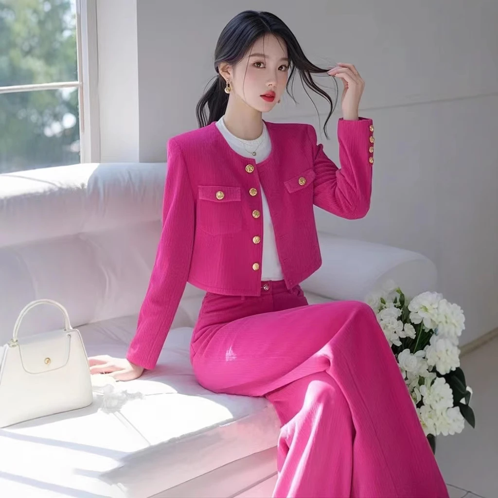 春季穿搭一整套高级感韩系别致气质小香风玫红色灯芯绒套装裤