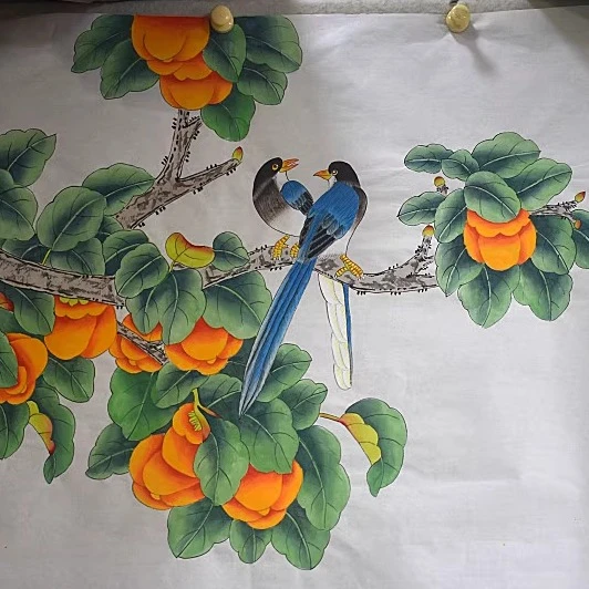 美奇画院四尺斗方0.7*0.7米学生画花鸟工笔柿子国画印刷