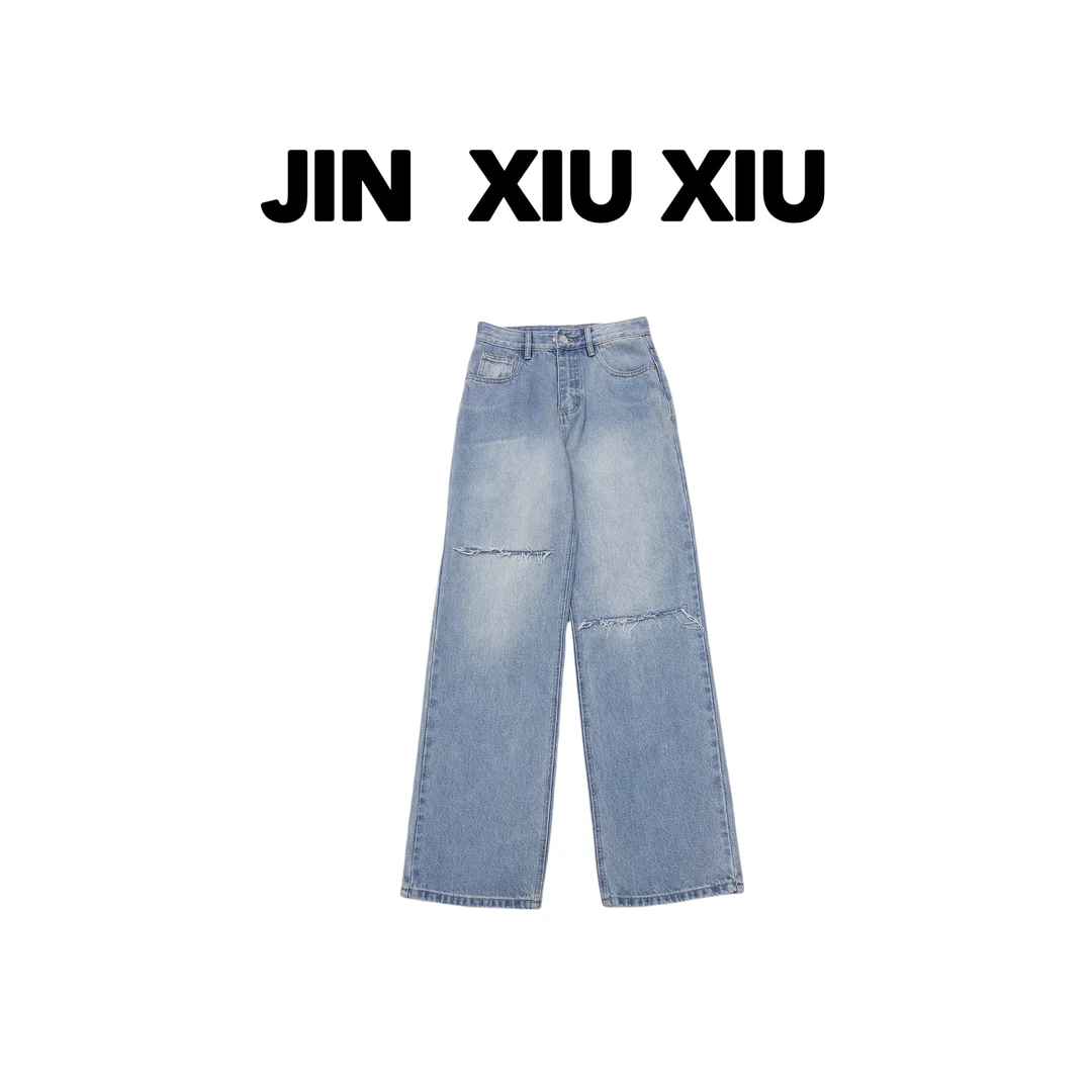 JINXIUXIU  春夏新款破洞韩系甜美直筒牛仔裤615
