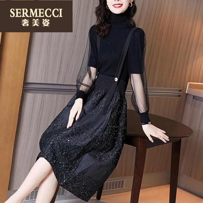 奢美姿2025年新款秋冬赫本风设计感小众泡泡袖毛衣针织连衣裙