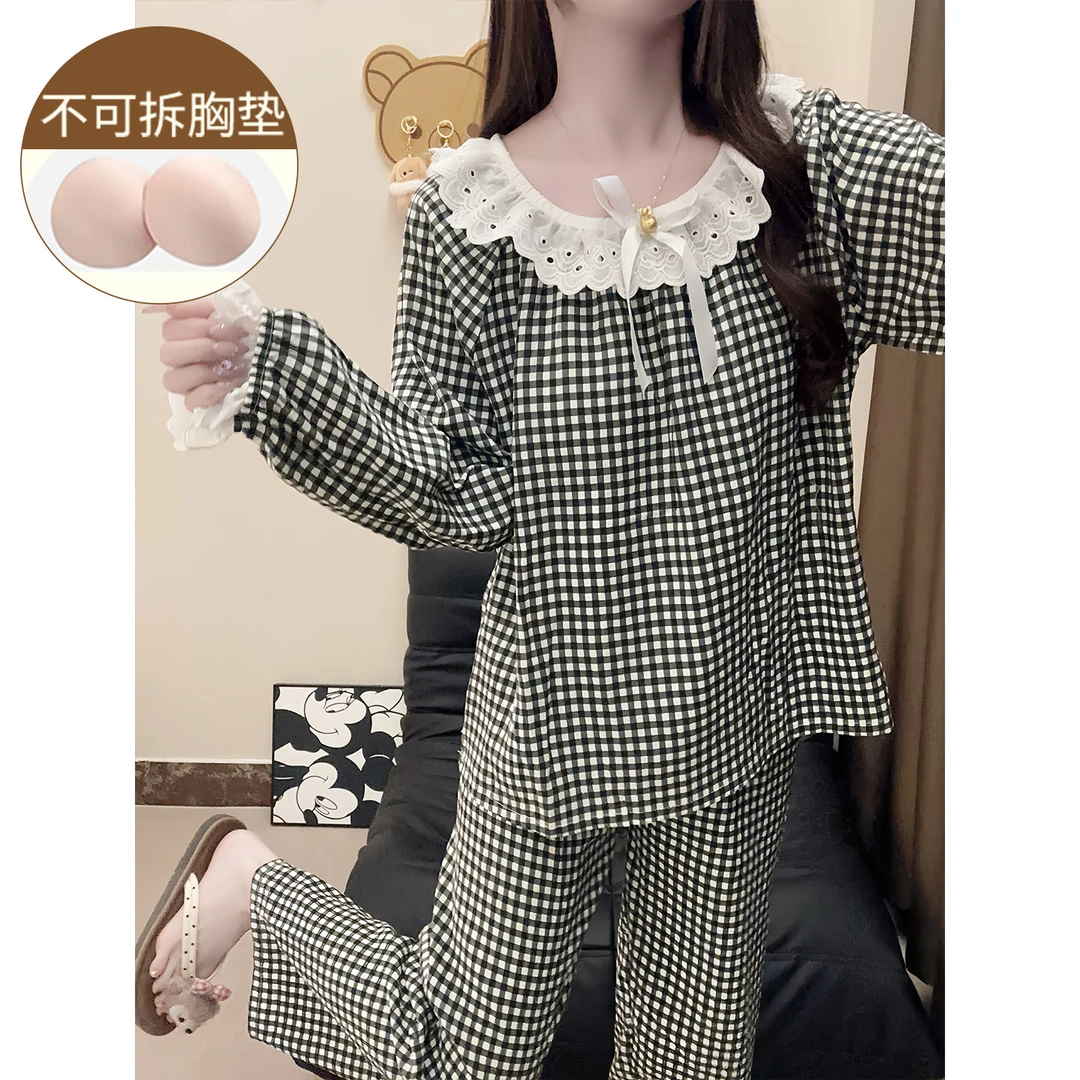 云朵棉睡衣女春秋季甜美花边格子少女可外穿冬天带胸垫家居服套装