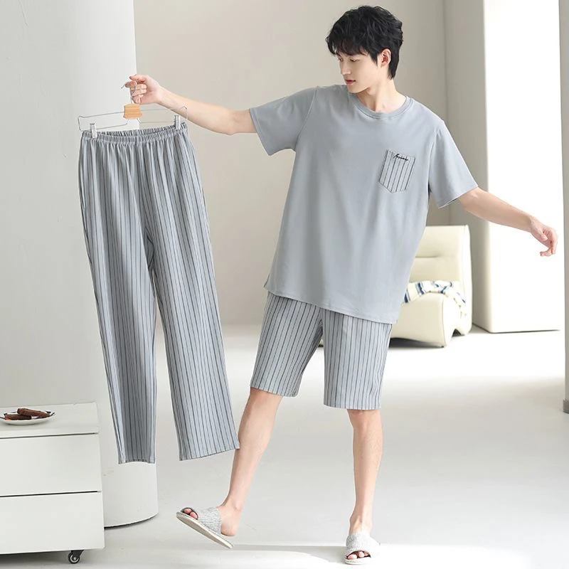 31103夏季纯棉睡衣套装短袖长裤睡衣男套装家居服送短裤