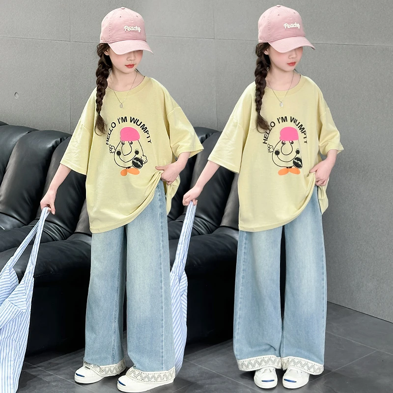 女童夏装短袖套装2025新款中大童休闲T恤儿童蕾丝边牛仔阔腿裤子