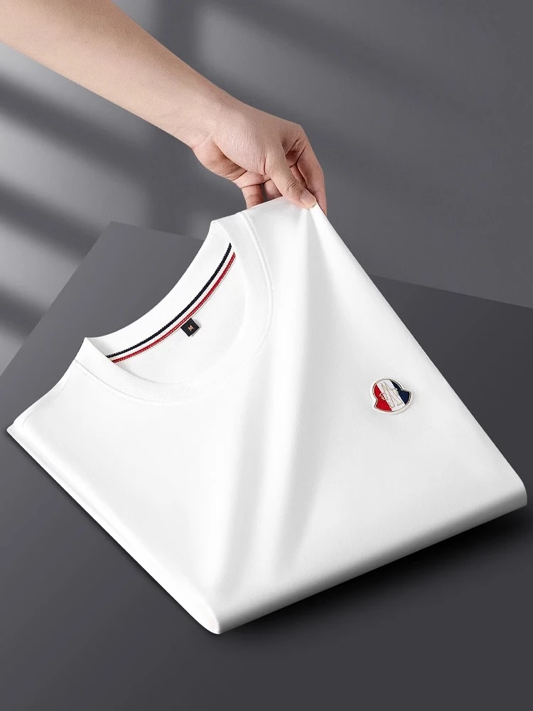 凯邦威轻奢级丝光棉白色短袖t恤男夏季薄款烫压冰感修身圆领半袖