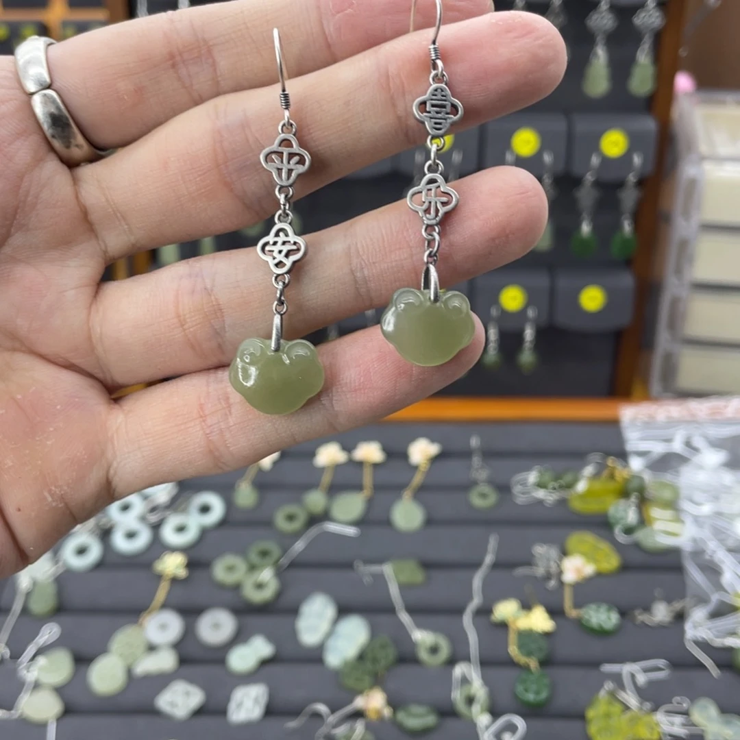 和田玉耳饰银S925镶嵌瓶*