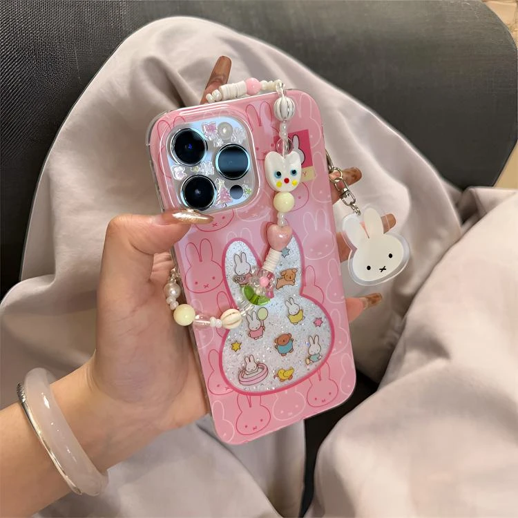 闪粉镂空粉色小白兔适用iPhone16pro手机壳15promax链条14少女13