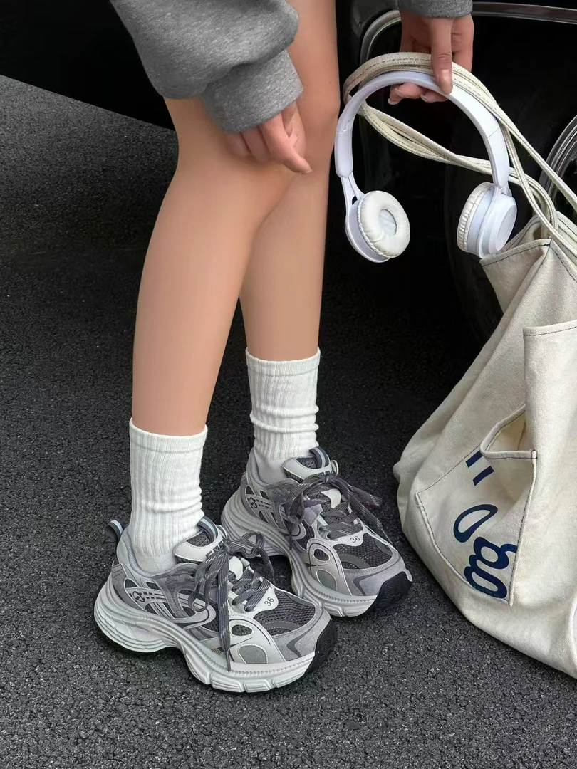 2025春松糕厚底增高老爹鞋透气皮网面一体运动风活力感休闲鞋