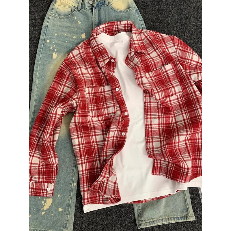 美式复古红色格子衬衫男春季高级感痞帅磨毛内搭外套休闲长袖衬衣