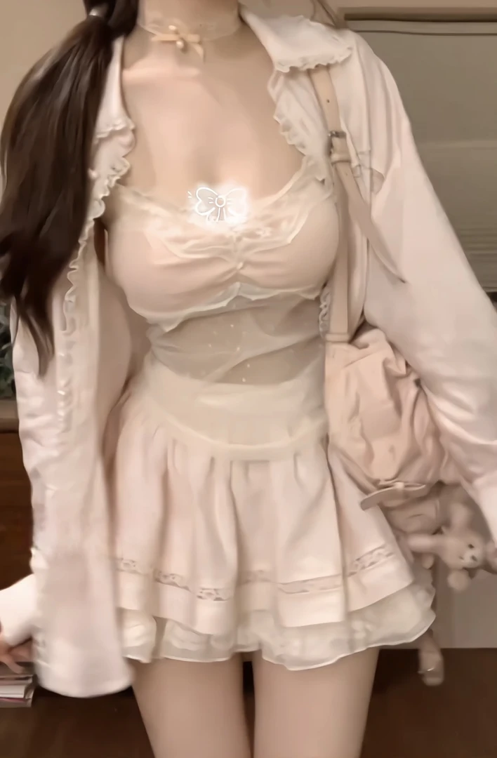 春夏季纯欲风甜美约会新款蕾丝拼接长袖衬衫+半身裙+吊带背心套装