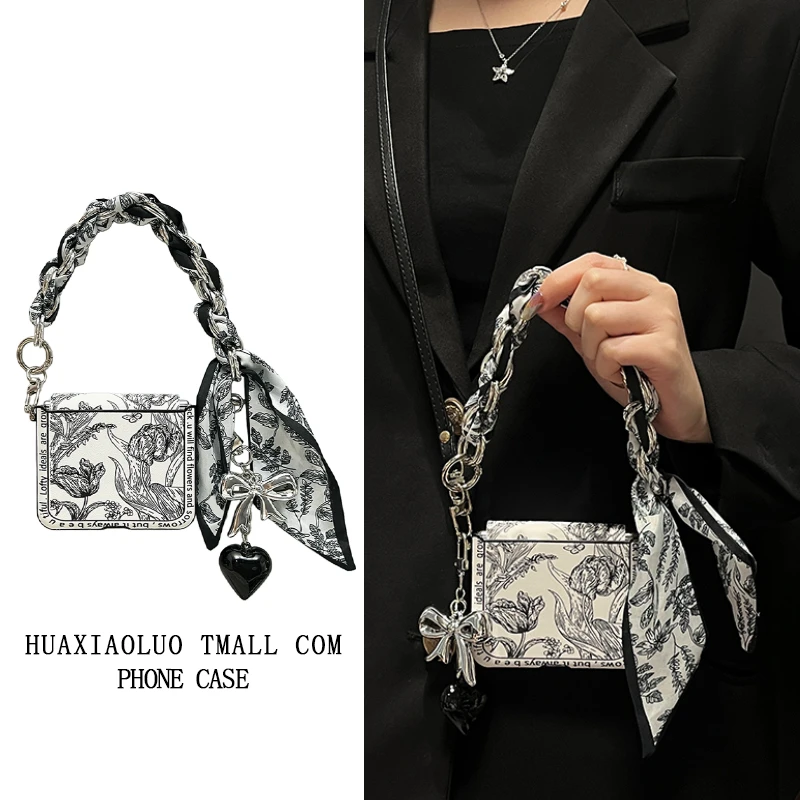 艺术素描花朵丝巾手链适用华为purax手机壳斜挎pocket2皮质典藏版