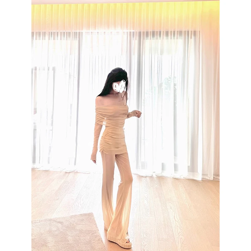 纯欲风一字肩透视网纱长袖T恤上衣女装夏季高腰修身性感长裤套装