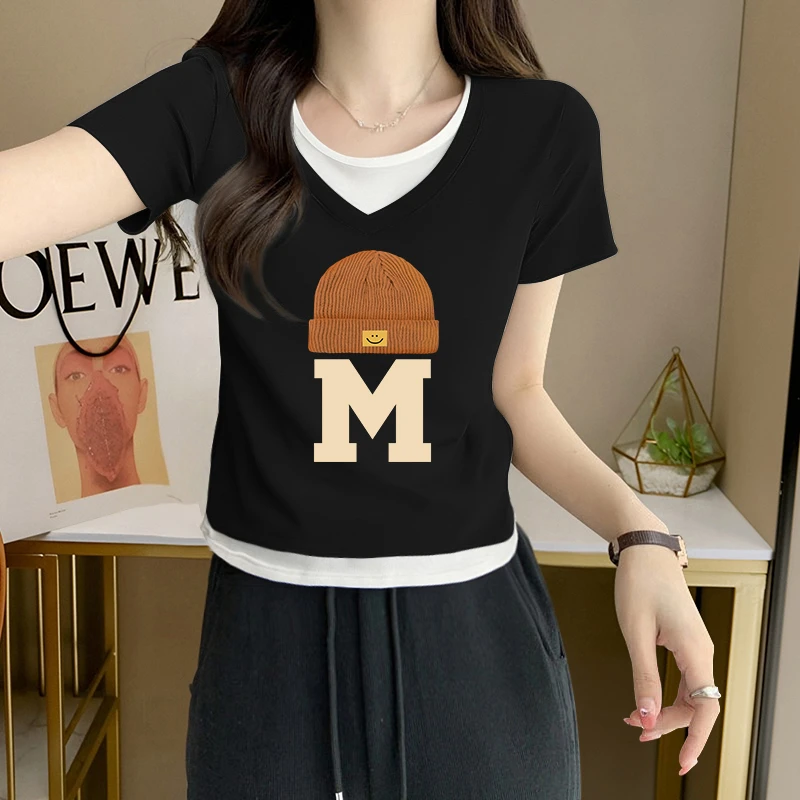 设计感撞色拼接假两件V领短袖T恤女士夏季纯欲风辣妹修身显瘦上衣